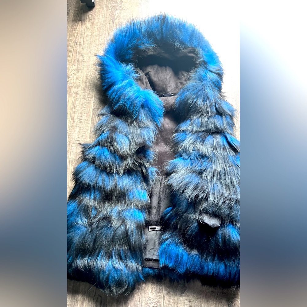 Fox fur vest, zipper, large hoodie, blue/black, used